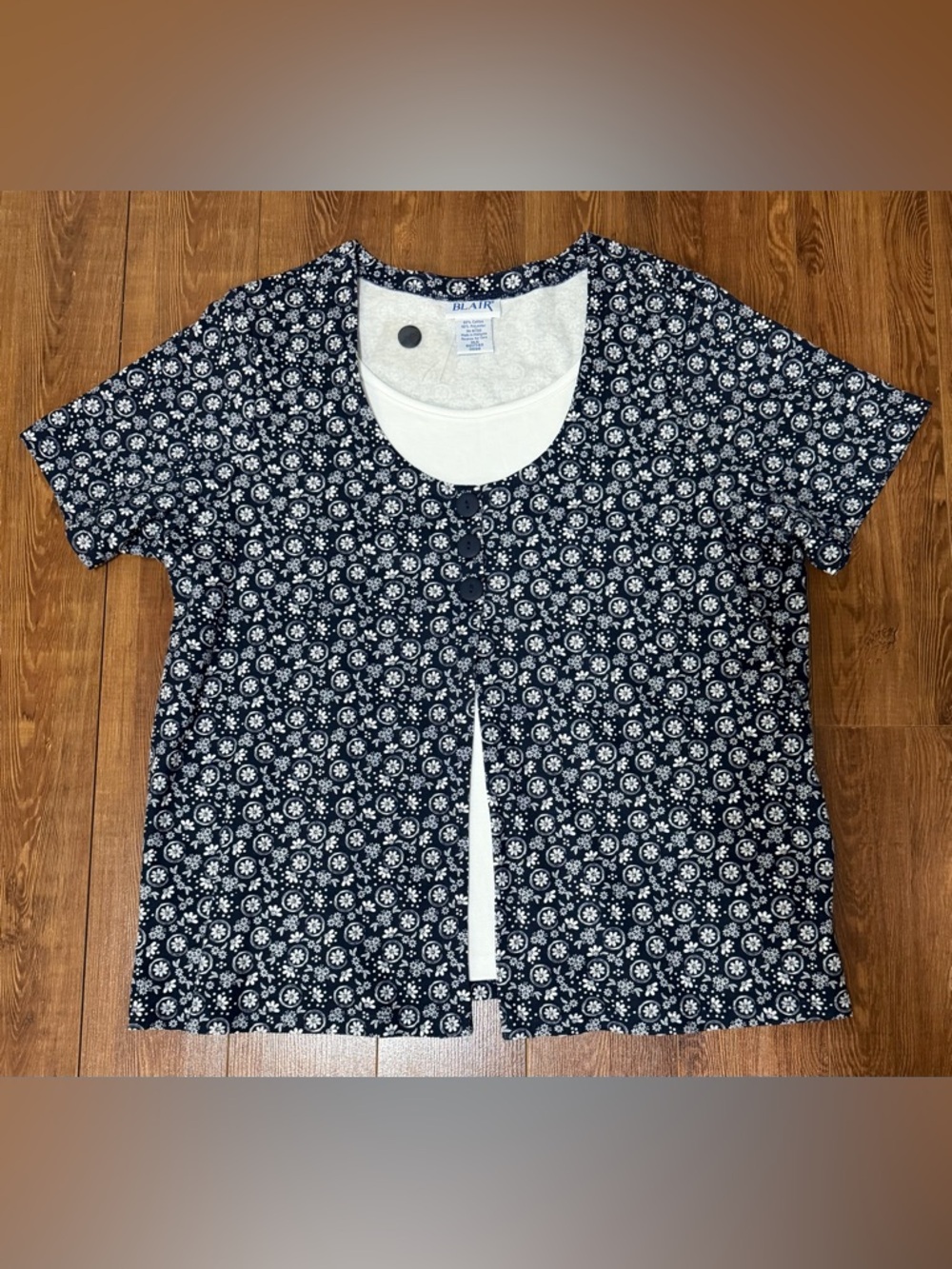 Women’s Navy/White Floral Layered-Style Short Sleeve Top by Blair -Size XLG- New